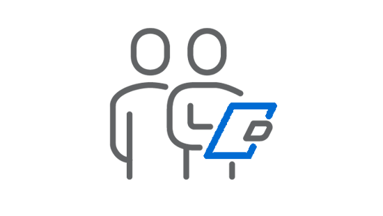 two people one holding a clipboard in a white circle icon