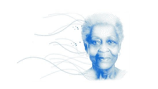 A stylized image of a human head made up of blue dots with a blurred rectangular area covering the face.