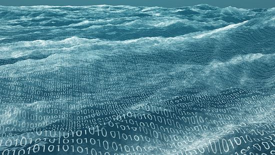Binary code overlaid on water waves.